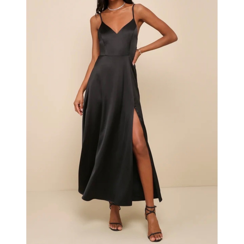 Lulus Always Audacious Black Satin Tie-Back Midi Dress Size Small NWT Flaw
